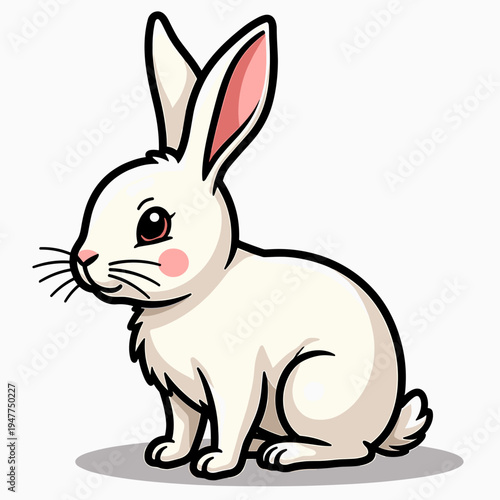 Cartoon white rabbit sitting with a cute expression and pink ears  