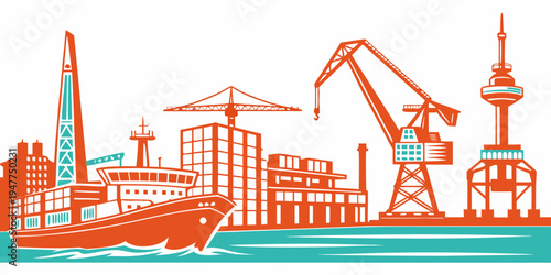 A city skyline with a ship and crane Vector