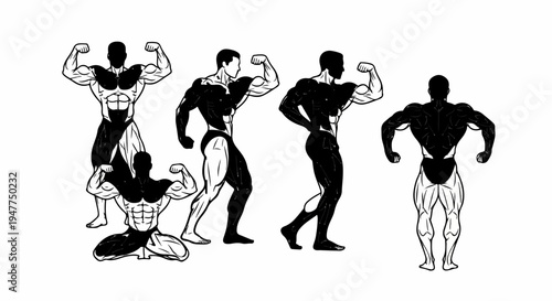 Stylized black and white illustration of five muscular bodybuilders striking poses