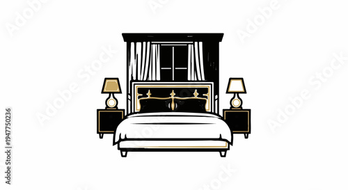 Stylized illustration of a bed with nightstands, lamps, and a window with curtains