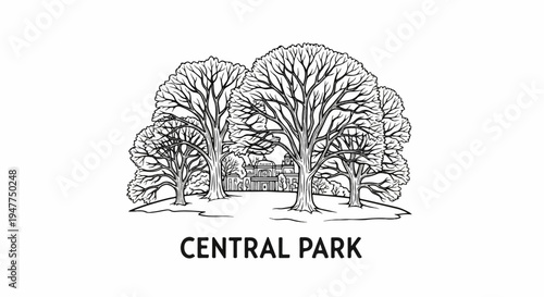 Stylized line drawing of mature trees and a grand building in a park setting