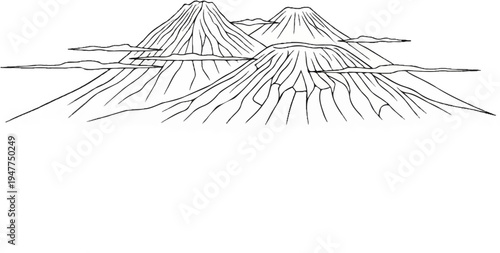 Stylized line drawing of three prominent volcanic peaks with surrounding clouds