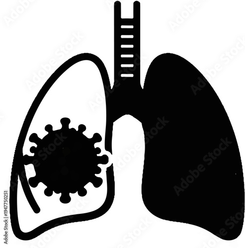 Stylized black and white illustration of human lungs with a virus