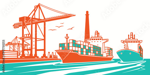 Cargo ship and crane at a port facility Vector