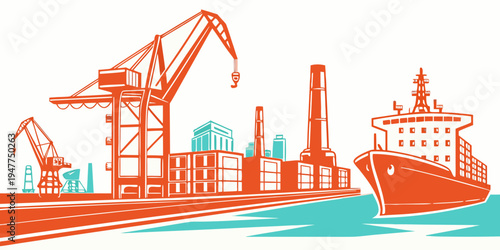 Cargo ship docked at industrial port with cranes Vector