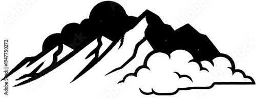Stylized black and white illustration of jagged mountain peaks with clouds