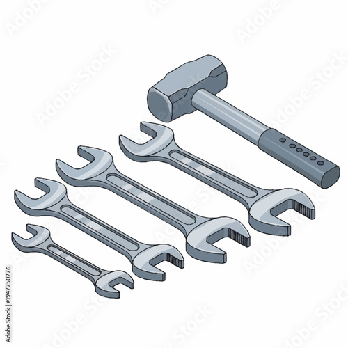 A collection of five wrenches of varying sizes arranged diagonally with a sledgehammer positioned behind them.
