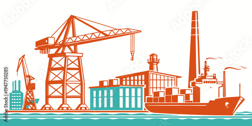 A large ship is docked at a port with a crane Vector