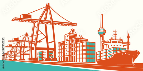 A cargo ship docked at a port with cranes Vector