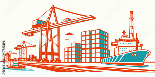 A large cargo ship docked at a port with cranes Vector