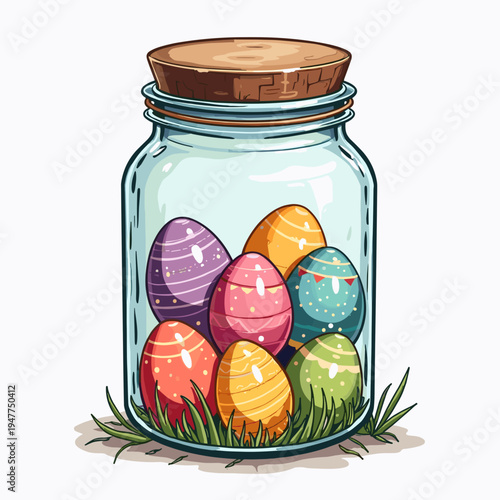 Colorful Easter eggs in a glass jar with a cork lid on grass  