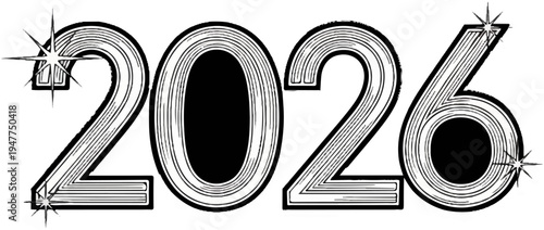 Stylized metallic numerals "2026" with shimmering starbursts