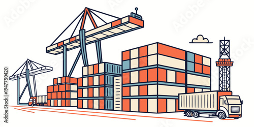 A truck loading cargo containers at a port Vector