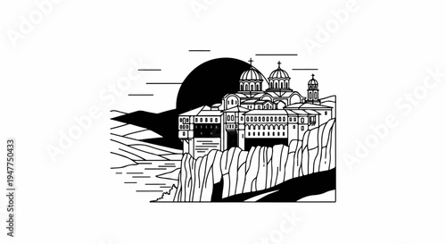 Stylized monastery perched atop a cliff face at sunset