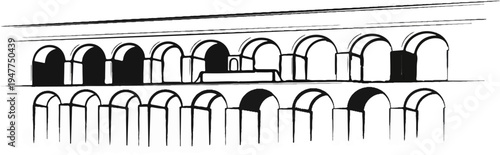 Stylized monochrome drawing of a Roman aqueduct with arches, shadows, and details