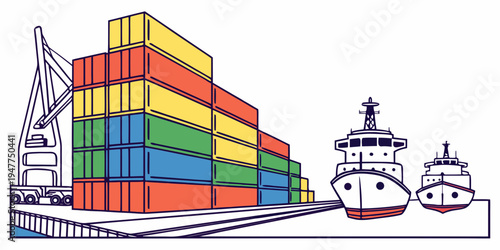 A cargo ship and containers on a dock Vector
