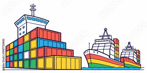 Cargo ship and stacked shipping containers at a port Vector