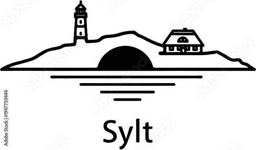 Stylized illustration of a coastal landscape with a lighthouse and thatched cottage over water