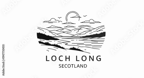 Stylized minimalist line art depicts a serene mountainous loch landscape under a sun