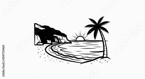 Stylized illustration of a coastal scene with a palm tree and sunset over the ocean