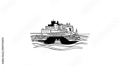 Stylized illustration of a coastal town with a castle and boats on the water