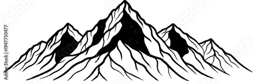 Stylized monochrome illustration of rugged mountain peaks and slopes
