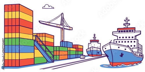 A cargo ship and containers on a dock Vector