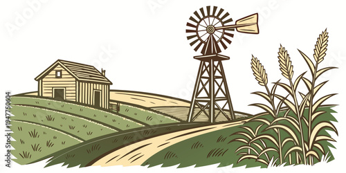 A windmill and a house on a green hill Vector