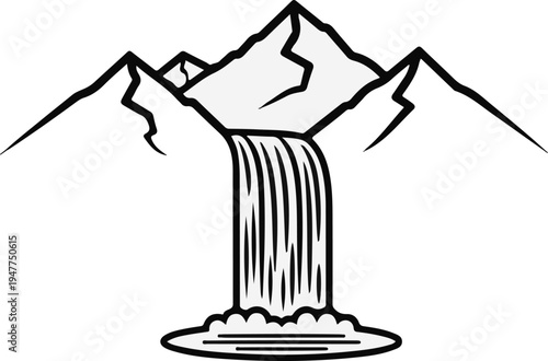 Stylized mountain peaks with a cascading waterfall in the foreground