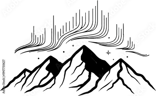Stylized mountain peaks beneath a shimmering aurora borealis and starry sky