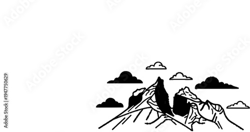 Stylized mountain peaks with a few fluffy and dark clouds scattered around