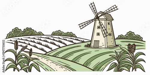 A windmill standing in a field with rows of crops Vector