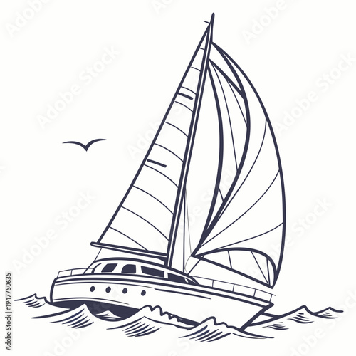 A sailboat on the water with a bird flying overhead Vector