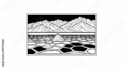 Stylized mountain range above a hexagonal pattern with conical mounds