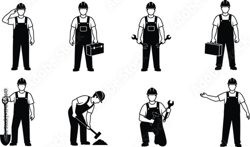 Construction worker character set with tools and safety helmet, builder posing, digging, repairing and carrying toolbox, professional laborer vector illustration isolated on white background