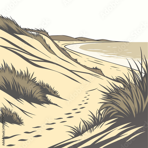 A sandy beach with footprints and grass Vector