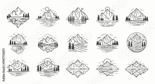 Stylized mountain range and forest illustrations with water reflections