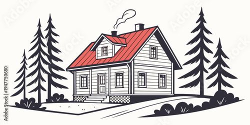 A house with a red roof surrounded by pine trees Vector
