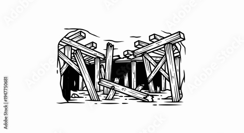 Stylized illustration of a dilapidated wooden structure, possibly a mine