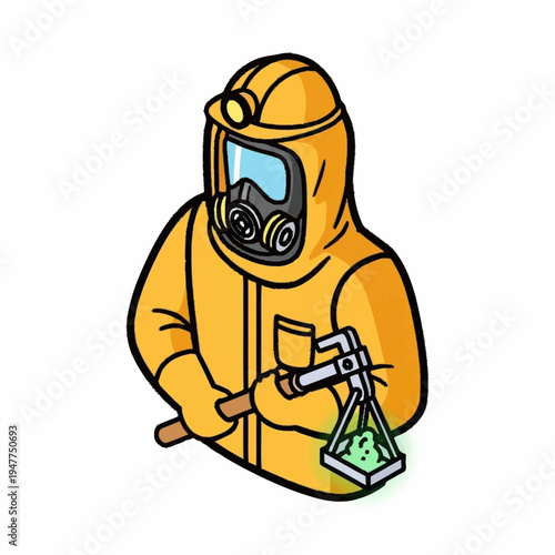 A person in a yellow hazmat suit with a gas mask and headlamp, holding a tool with a sample of green material.