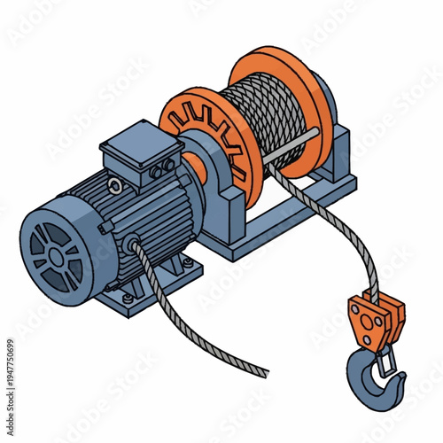 Industrial winch machine with metal rope.