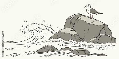 A seagull standing on a rock by the ocean Vector