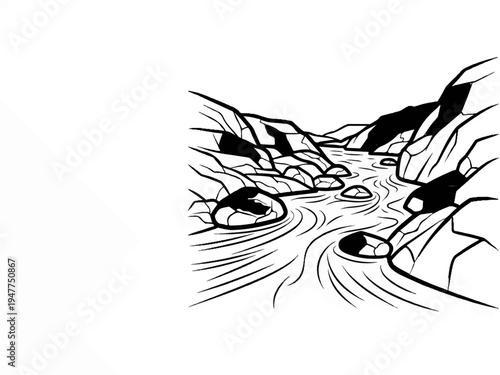 Stylized black and white sketch of a rocky river flowing through a narrow gorge