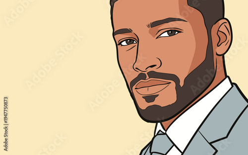 A man in a suit is looking directly at the viewer. He has a well-groomed beard and an expression on his face.