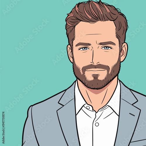 A man with brown hair and a beard poses in a gray jacket and white shirt. The background is solid turquoise color.