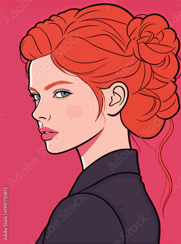 A woman stands with her head turned to the side. She has bright red hair styled in a bun. The background is pink, and she is wearing dark clothing.