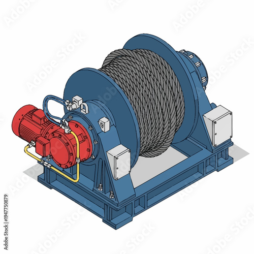 Industrial electric winch with a powerful motor and gearbox, designed for heavy-duty lifting and pulling operations.