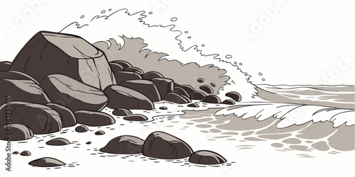 A pile of rocks on the beach with waves crashing Vector