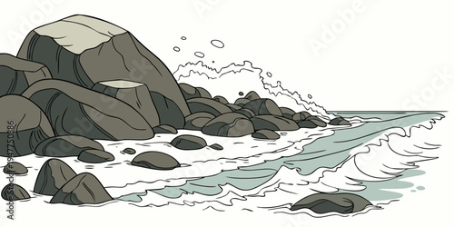 A rocky shoreline with waves crashing against the rocks Vector