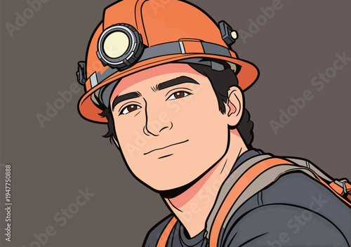 A miner in a helmet is smiling while working in an underground tunnel during the day. The scene shows safety gear and focus on the job.